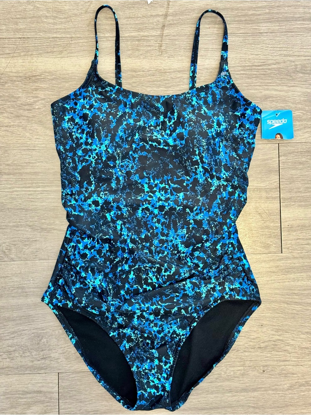 Speedo One Piece Swimsuit Blue Black Print Size 6 NWT Tummy Control